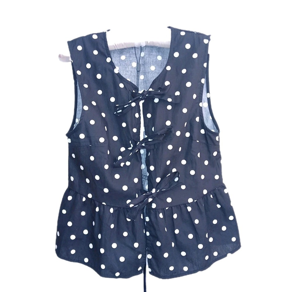 Vigoss Women Polka Dot Tie Front Vest Top M Black White Cotton Boho Trendy New